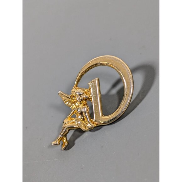 Vintage Guardian Angel Initial Letter D Gold Tone Pin Brooch - Picture 2 of 6